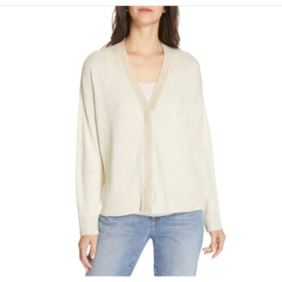 Eileen Fisher Bone Gold Trim Button Front Cardigan  Size X-Large - Picture 1 of 10